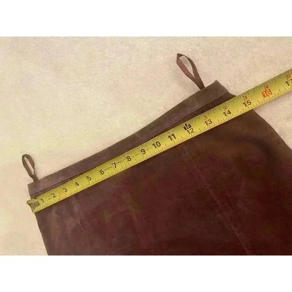 Vintage 100% Leather Suede Skirt 90s y2k Knee Ruffle Lined Slit GEORGIOU Studio - Picture 6 of 7